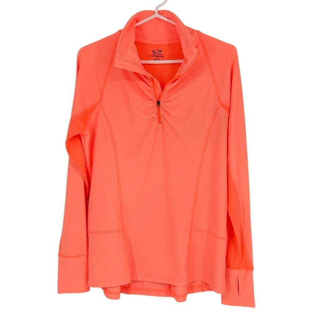 Champion Womens L Orange 1/4 Zip Long Sleeve Semi-Fitted Pullover Ruching